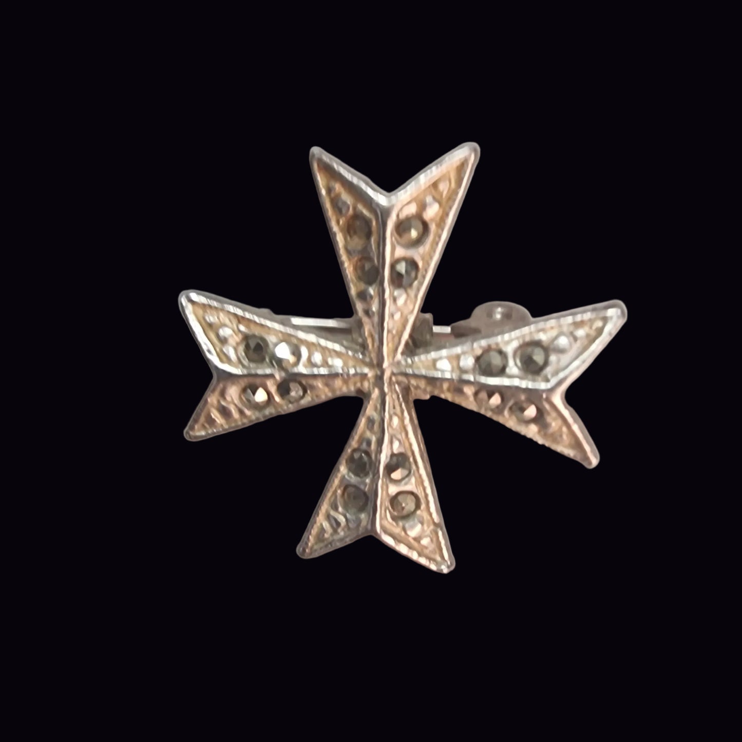 Vintage Silver-Tone Maltese Cross Brooch Rhinestone Religious Heraldic Lapel Pin