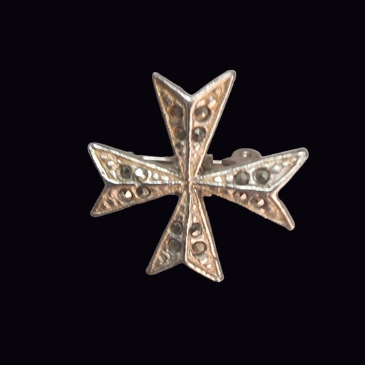 Vintage Silver-Tone Maltese Cross Brooch Rhinestone Religious Heraldic Lapel Pin
