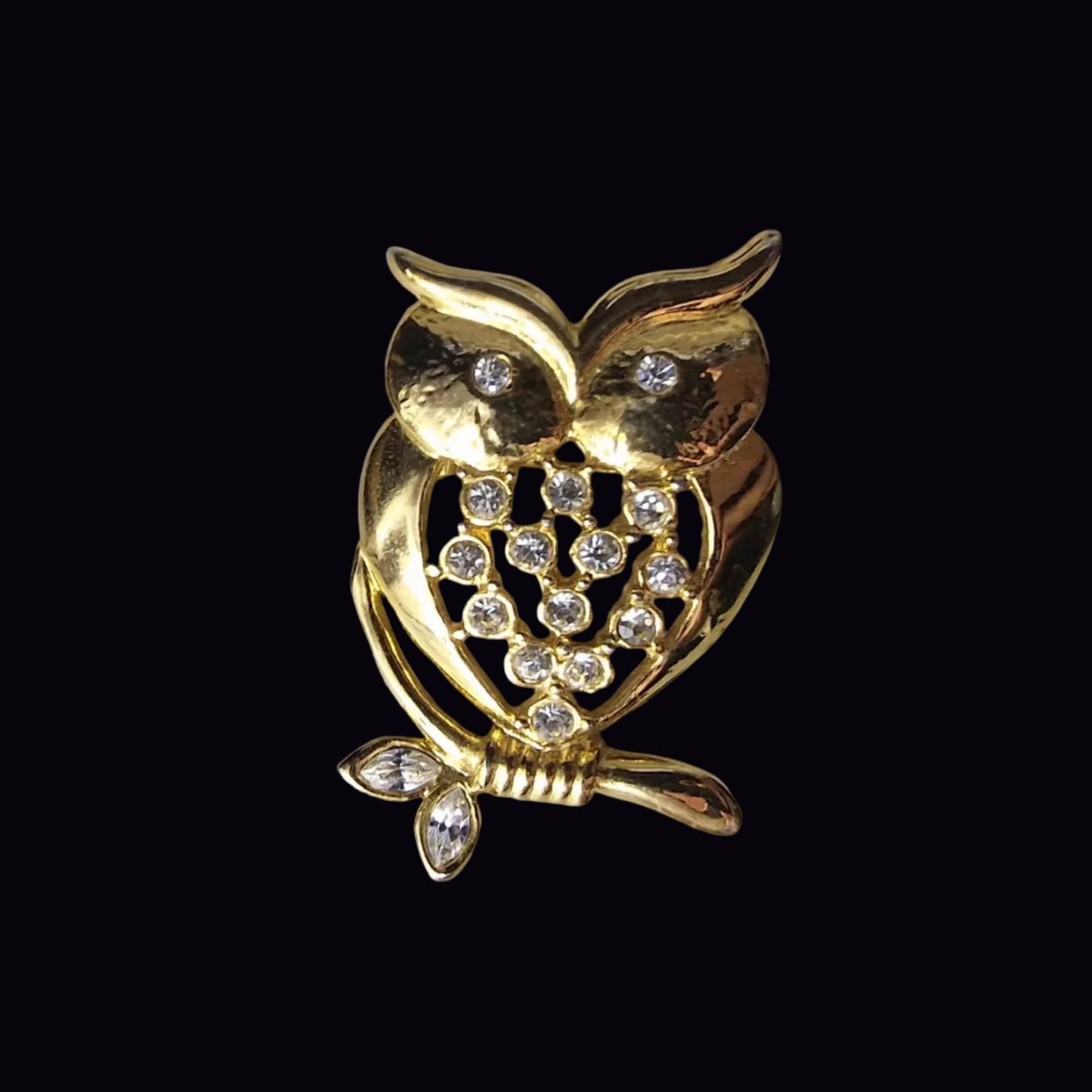 Vintage Gold-Tone Owl Brooch Rhinestone Figural Bird Animal Pin 1970s Costume