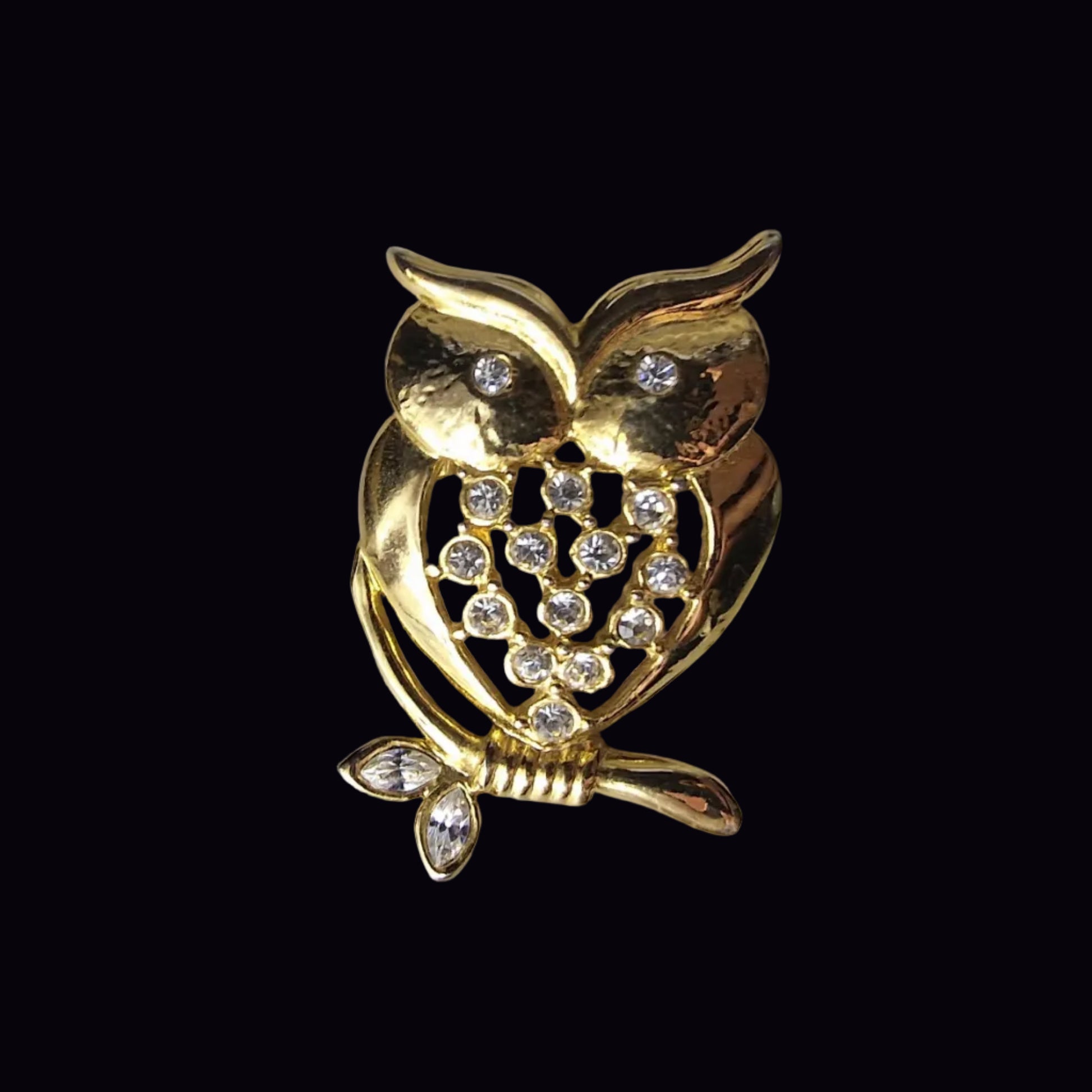 Vintage Gold-Tone Owl Brooch Rhinestone Figural Bird Animal Pin 1970s Costume