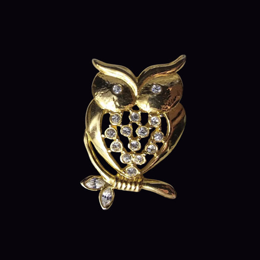 Vintage Gold-Tone Owl Brooch Rhinestone Figural Bird Animal Pin 1970s Costume