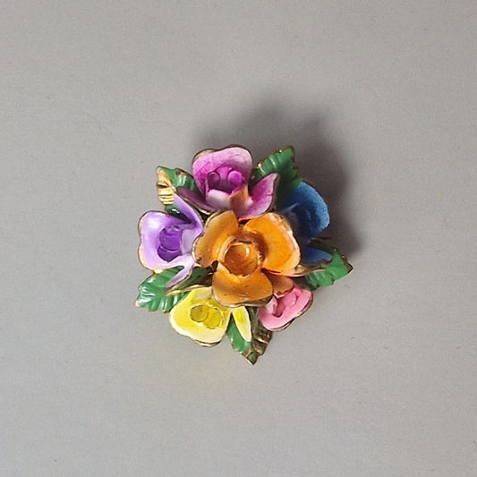 Vintage Gold-Tone Enamel Floral Bouquet Brooch Multicolor Botanical Lapel Pin