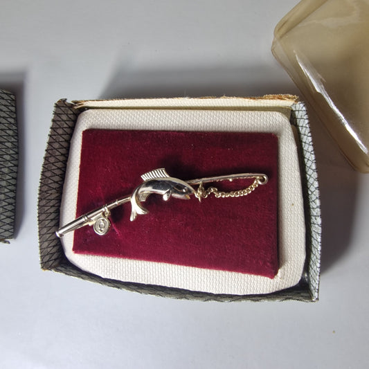 Stratton Vintage Gold-Tone Fishing Rod Fish Brooch Signed Figural Pin England