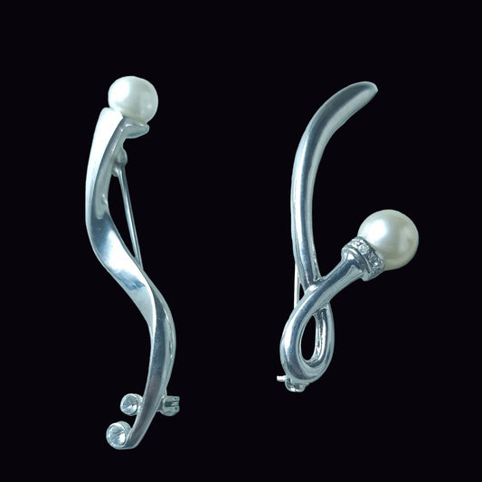Jon Richards Vintage Silver-Tone Pearl Brooch Set Pair Signed UK Designer NOS
