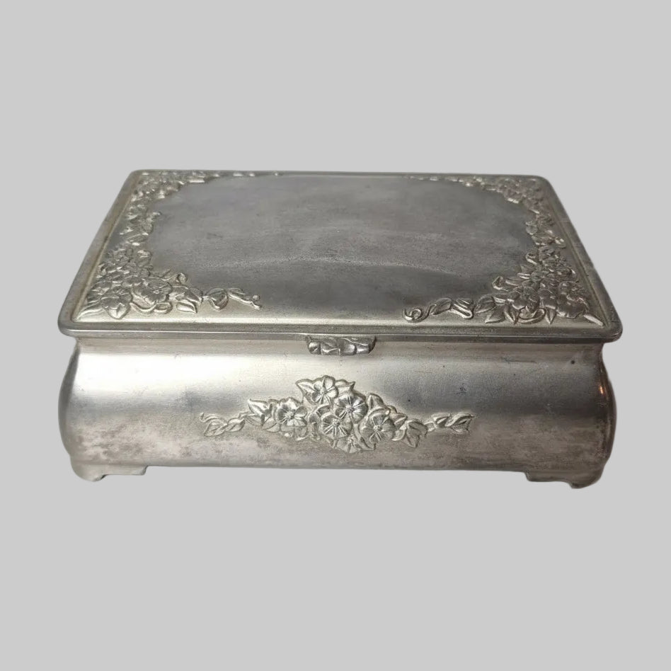 Vintage Silver-Tone Pressed Floral Relief Jewellery Box Purple Velvet Interior – photo 2