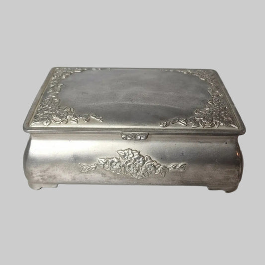 Vintage Silver-Tone Pressed Floral Relief Jewellery Box Purple Velvet Interior – photo 2