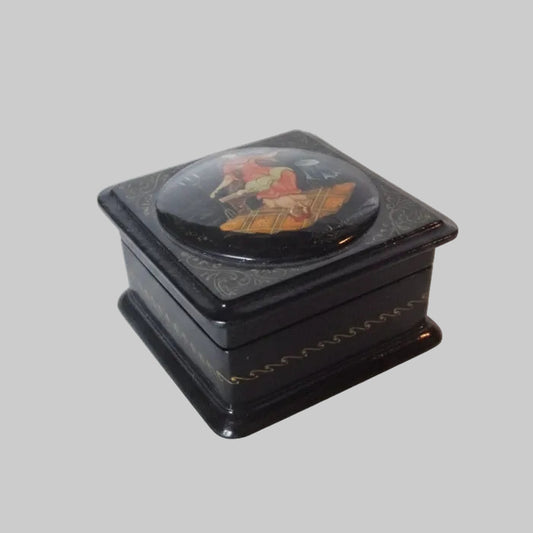 Vintage Black Russian Lacquer Jewellery Box Palekh Folk Art Hand Painted Decor