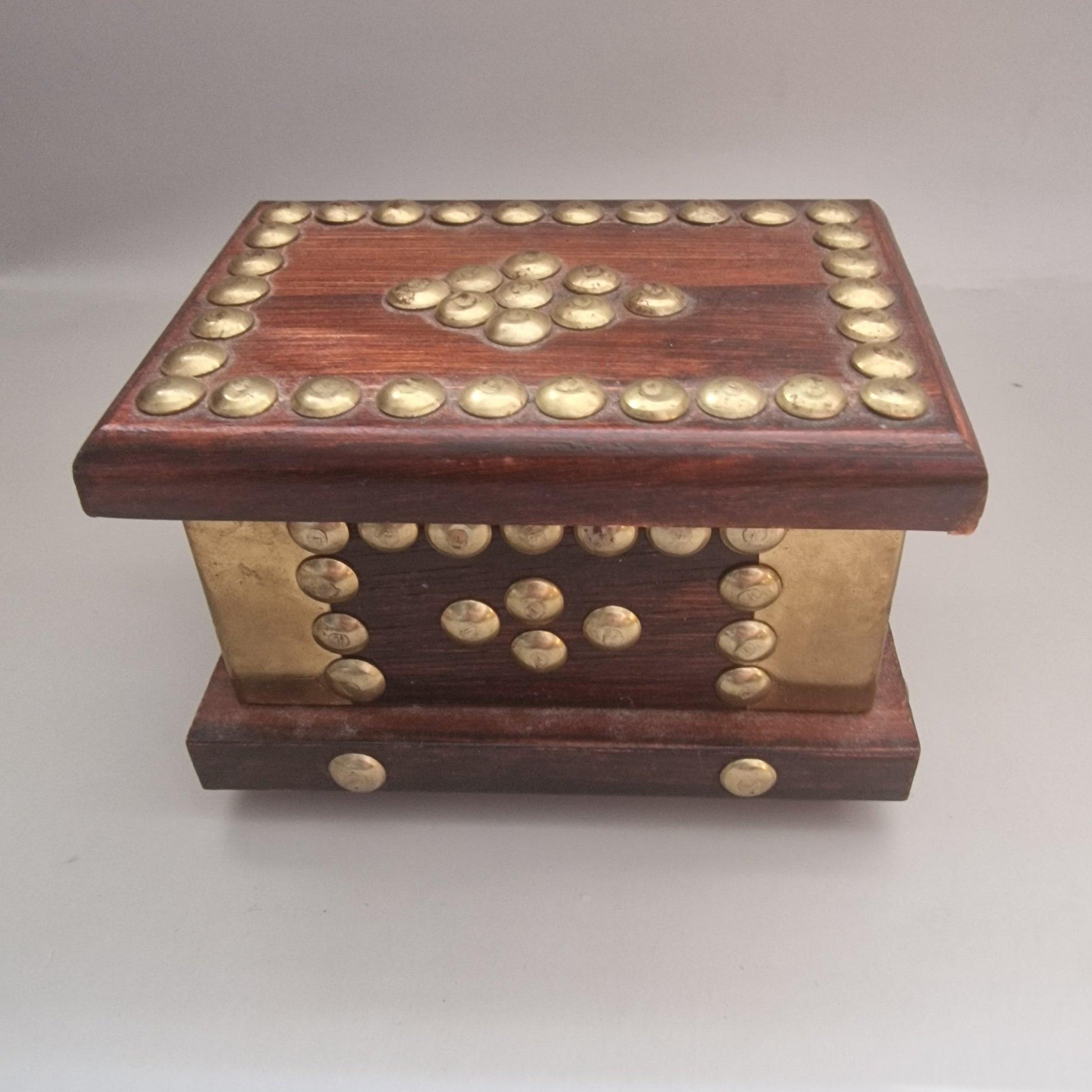 Vintage Wooden Brass Studded Jewellery Box Handcrafted Indian Geometric Storage