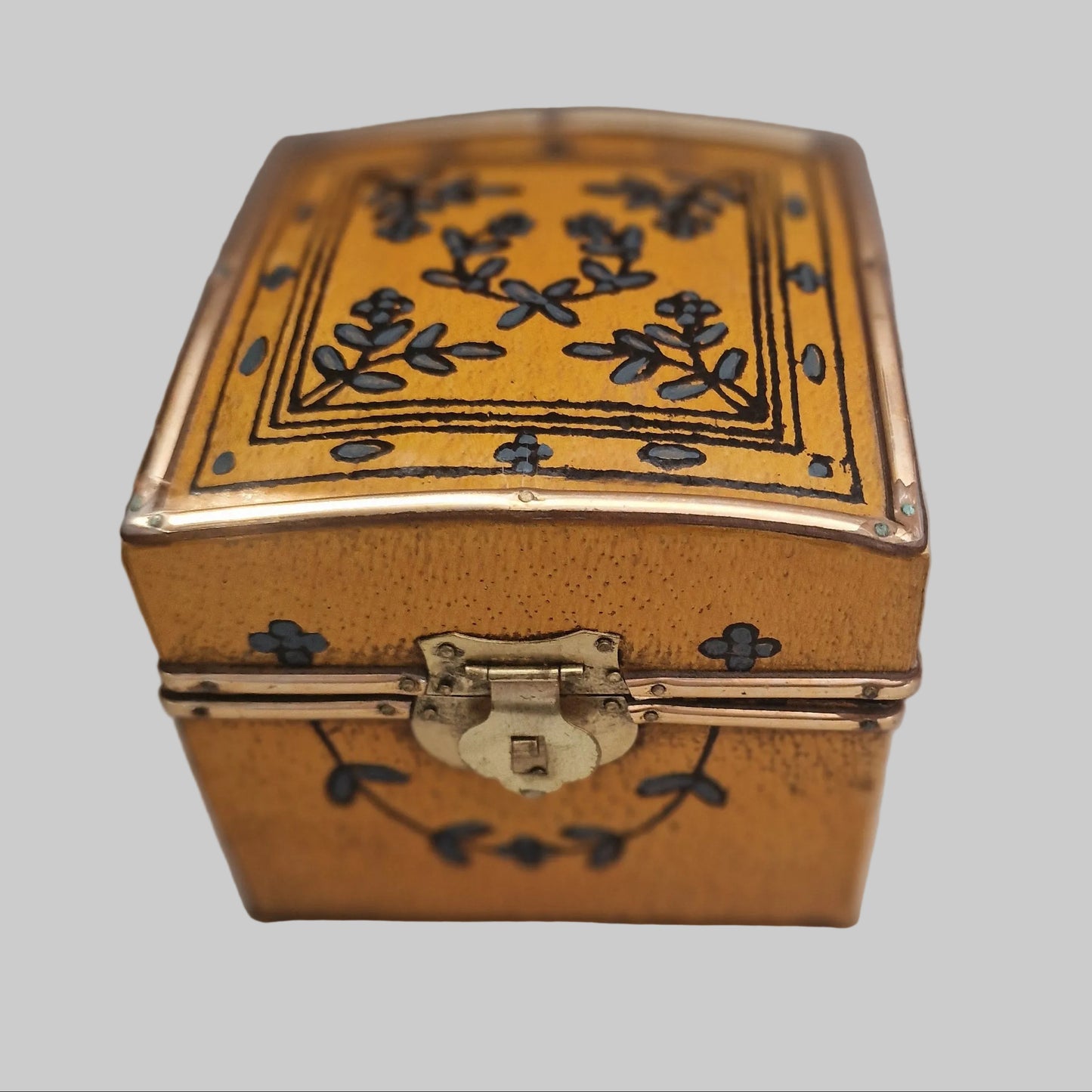 Vintage Hand-Painted Leather Jewellery Box Calf Floral Folk Art Lock Copper Trim