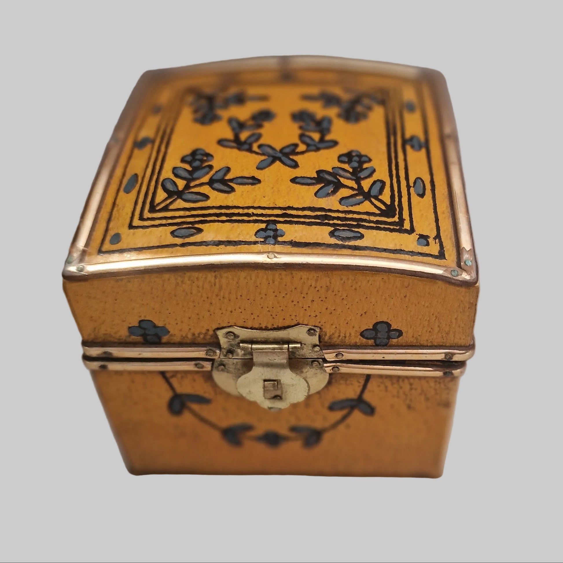 Vintage Hand-Painted Leather Jewellery Box Calf Floral Folk Art Lock Copper Trim