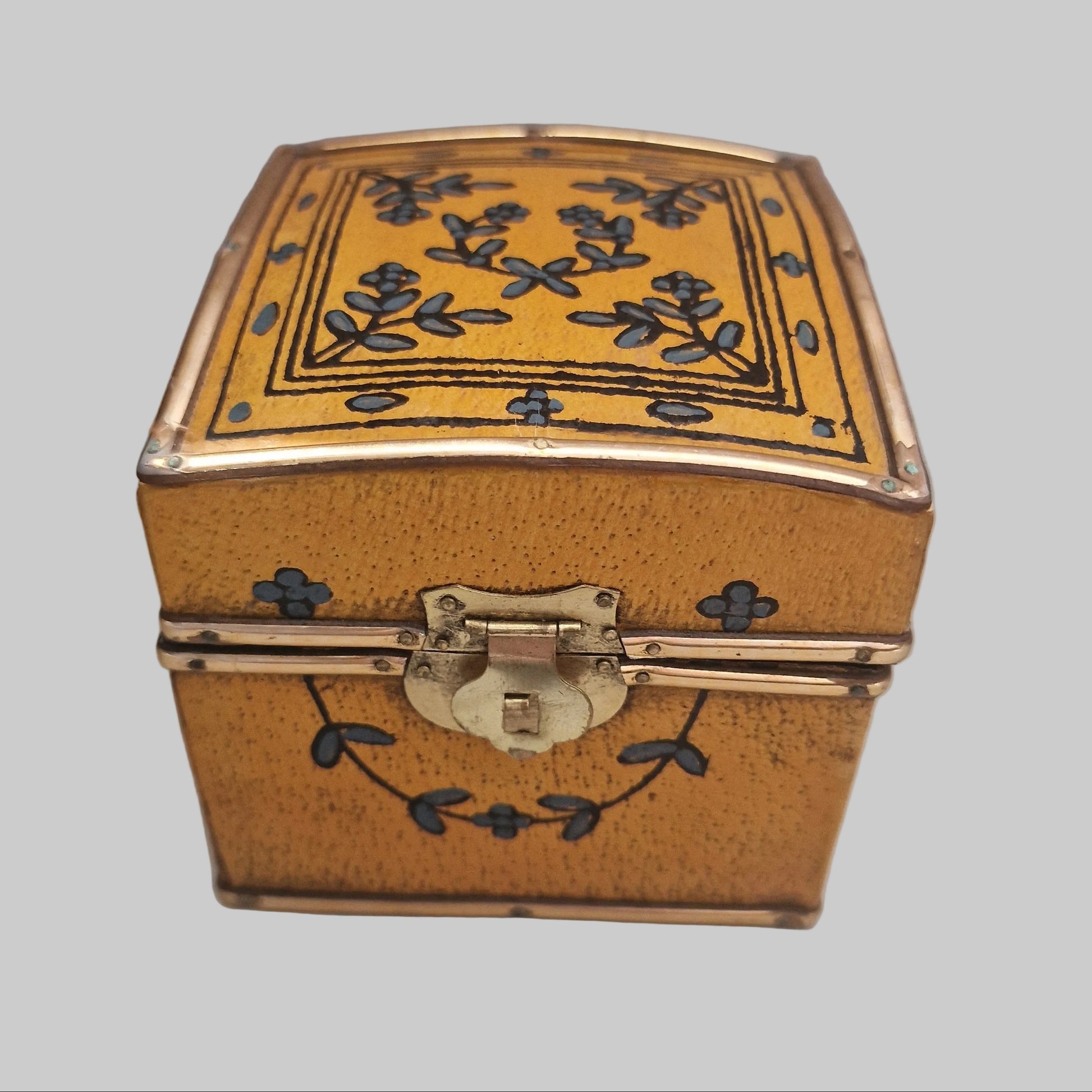 Vintage Hand-Painted Leather Jewellery Box Calf Floral Folk Art Lock Copper Trim – photo 3