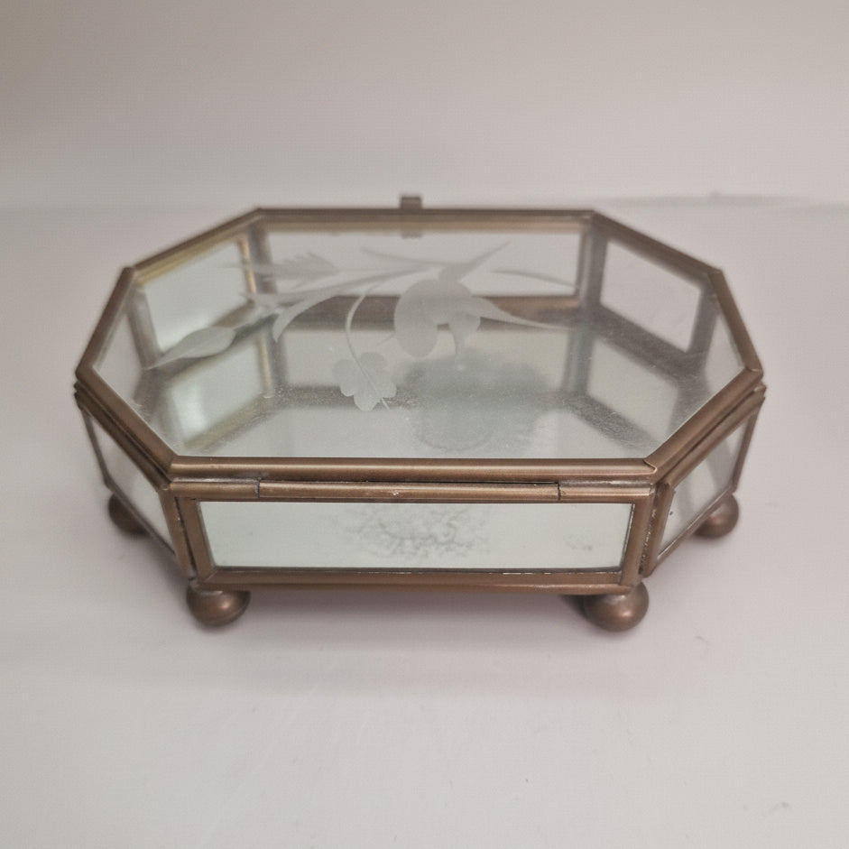 Vintage Brass Glass Jewellery Box Octagonal Art Deco Etched Rose Mirrored Base – photo 2