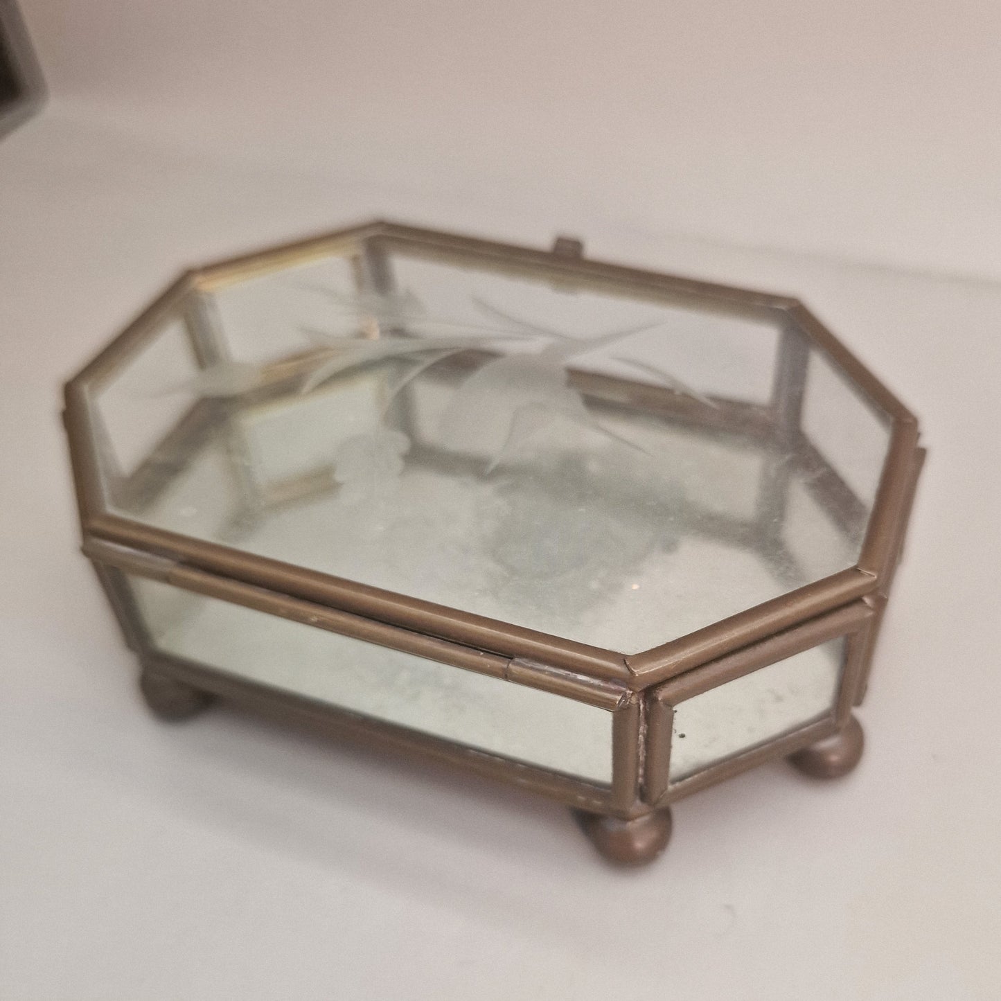 Vintage Brass Glass Jewellery Box Octagonal Art Deco Etched Rose Mirrored Base