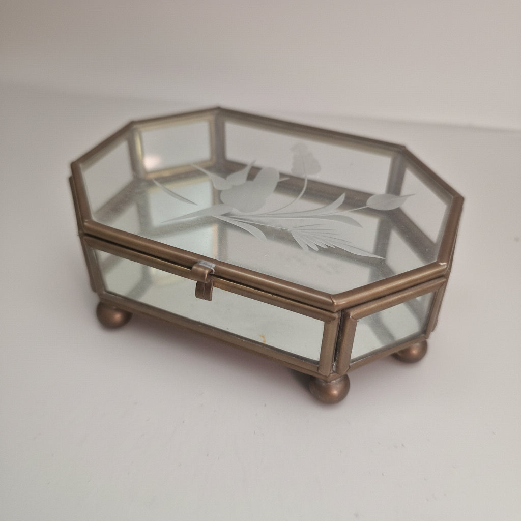 Vintage Brass Glass Jewellery Box Octagonal Art Deco Etched Rose Mirrored Base – photo 5