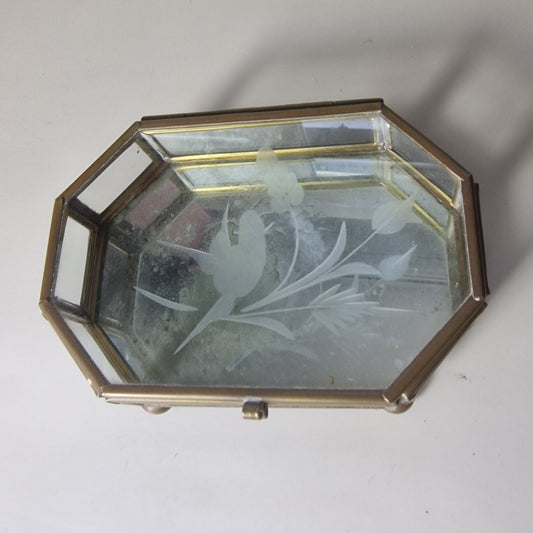 Vintage Brass Glass Jewellery Box Octagonal Art Deco Etched Rose Mirrored Base