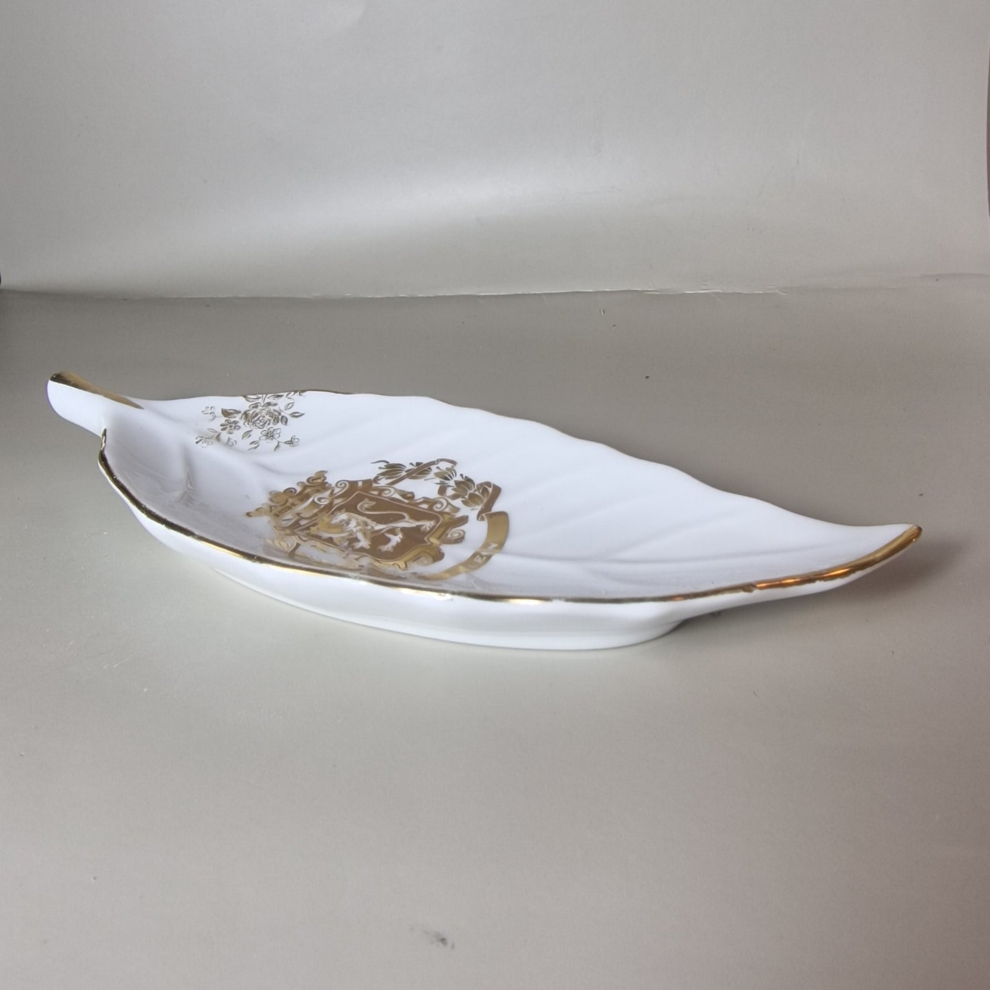 Vintage 1970s White Porcelain Leaf Trinket Dish Hand-Painted Gold Heraldic UK