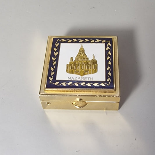 Vintage 1970s Gold-Tone Enamel Pill Box Nazareth Israel Holy Land Souvenir UK