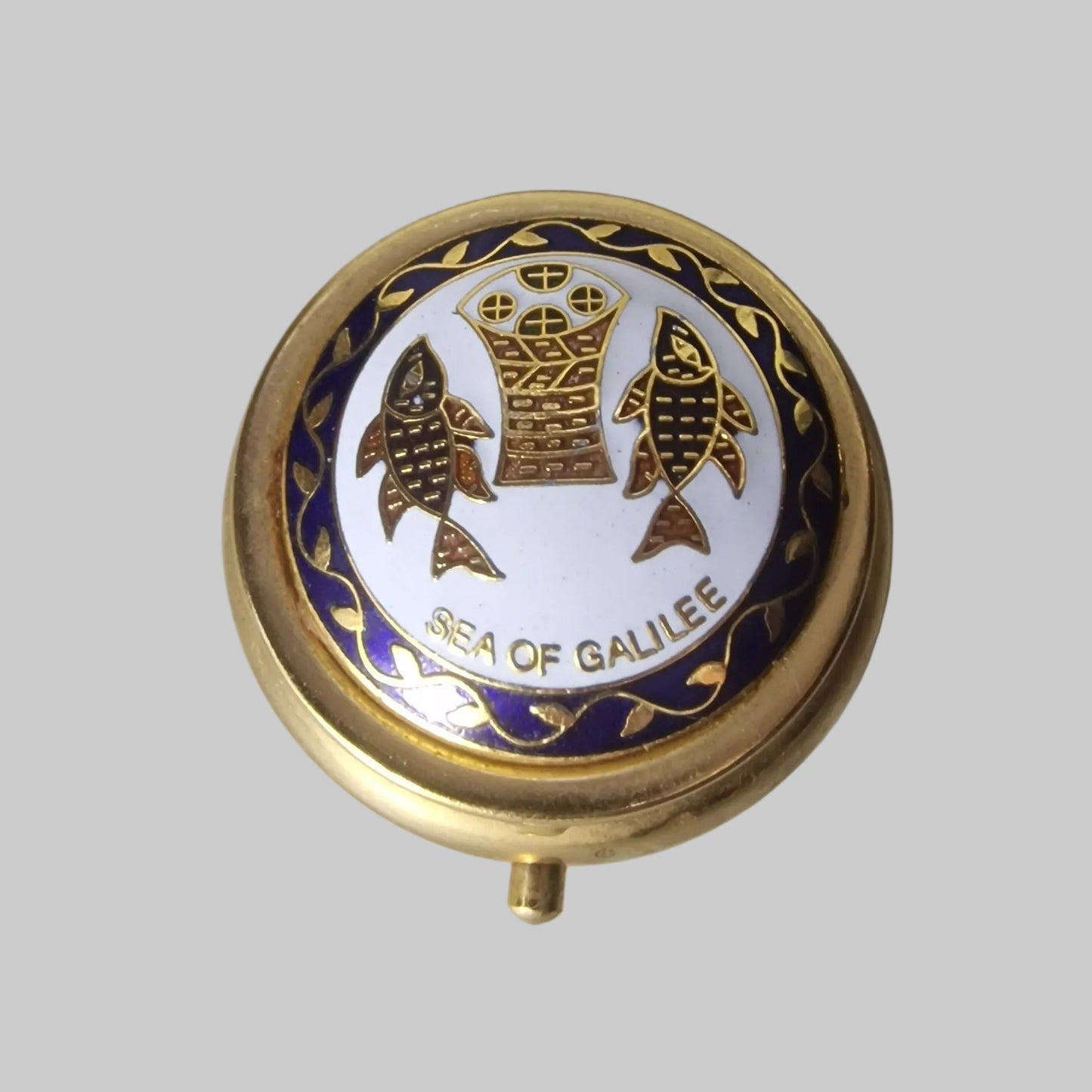 Vintage 1970s Gold-Tone Enamel Pill Box Sea Of Galilee Holy Land Souvenir Pin