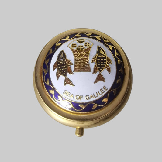 Vintage 1970s Gold-Tone Enamel Pill Box Sea Of Galilee Holy Land Souvenir Pin