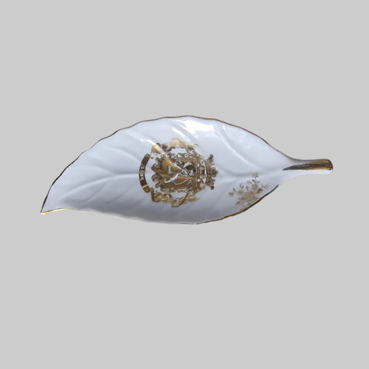 Vintage 1970s White Porcelain Leaf Trinket Dish Hand-Painted Gold Heraldic UK