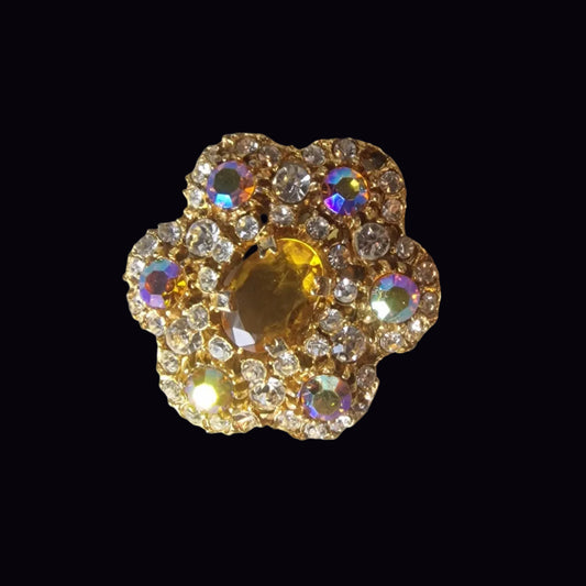 Vintage 1960s Gold-Tone Floral Brooch Pin Citrine Glass Aurora Borealis Retro