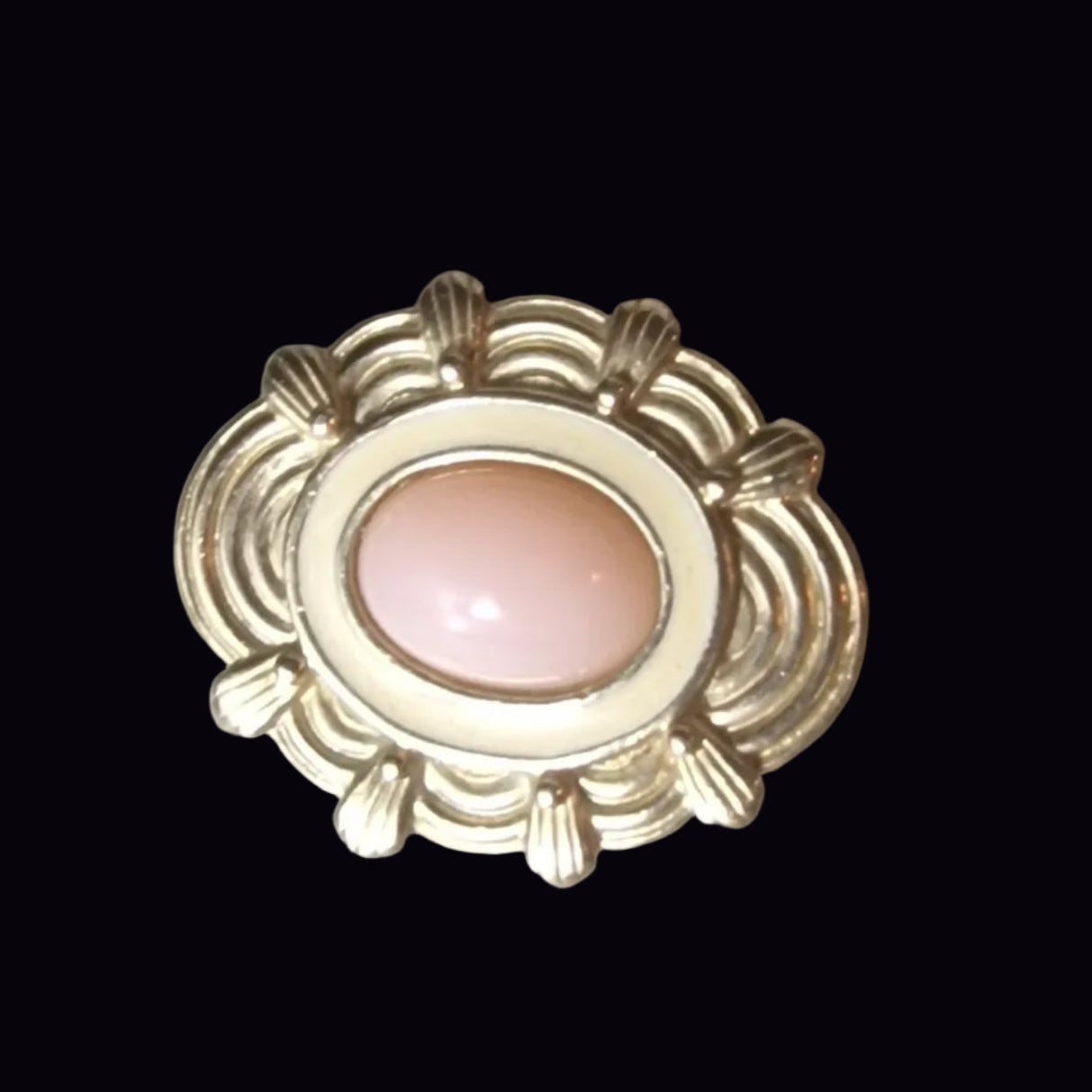 Vintage Gold-Tone Art Deco Style Brooch Pink Cabochon Enamel Oval Geometric Pin