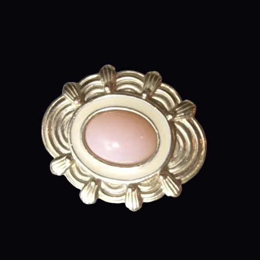 Vintage Gold-Tone Art Deco Style Brooch Pink Cabochon Enamel Oval Geometric Pin