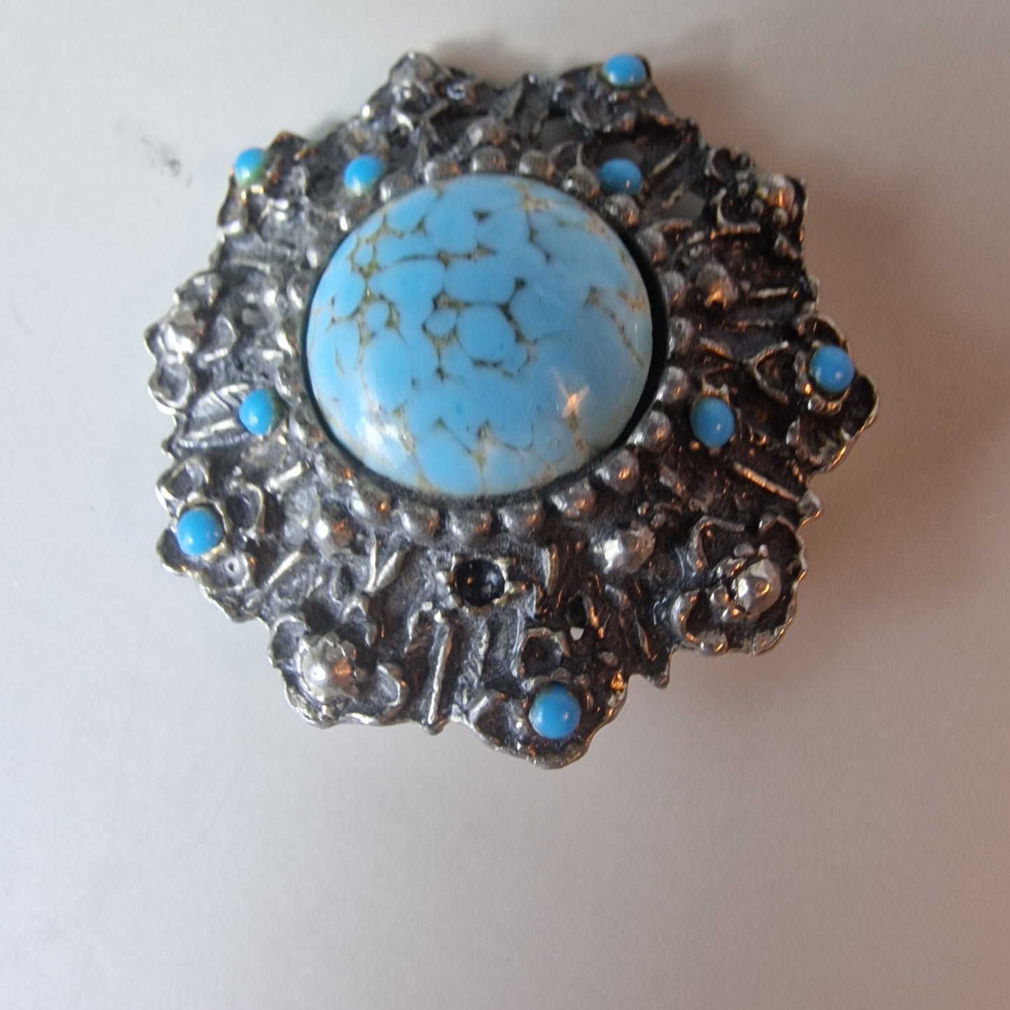 Vintage Silver-Tone Turquoise Cabochon Brooch Textured Organic Statement Lapel – photo 2