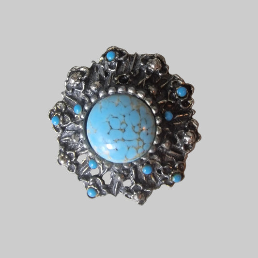 Vintage Silver-Tone Turquoise Cabochon Brooch Textured Organic Statement Lapel