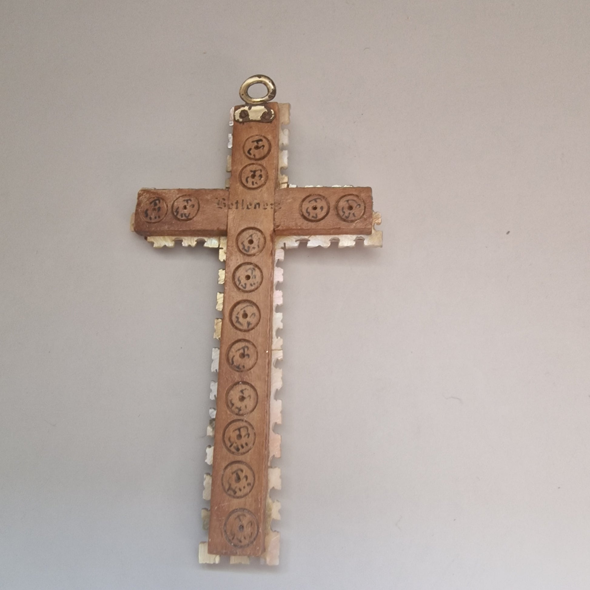 Vintage Wood Mother Of Pearl Inlay Wall Crucifix Bethlehem Holy Land Religious – photo 9