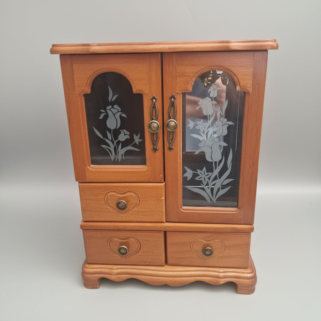 Vintage Wooden Jewellery Cabinet Floral Etched Glass Armoire Drawers Mirror Box – photo 2