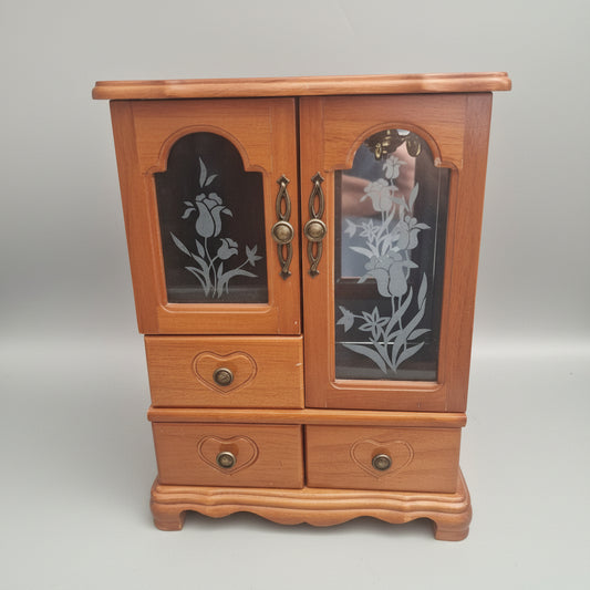 Vintage Wooden Jewellery Cabinet Floral Etched Glass Armoire Drawers Mirror Box – photo 2