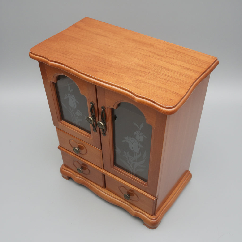 Vintage Wooden Jewellery Cabinet Floral Etched Glass Armoire Drawers Mirror Box – photo 5