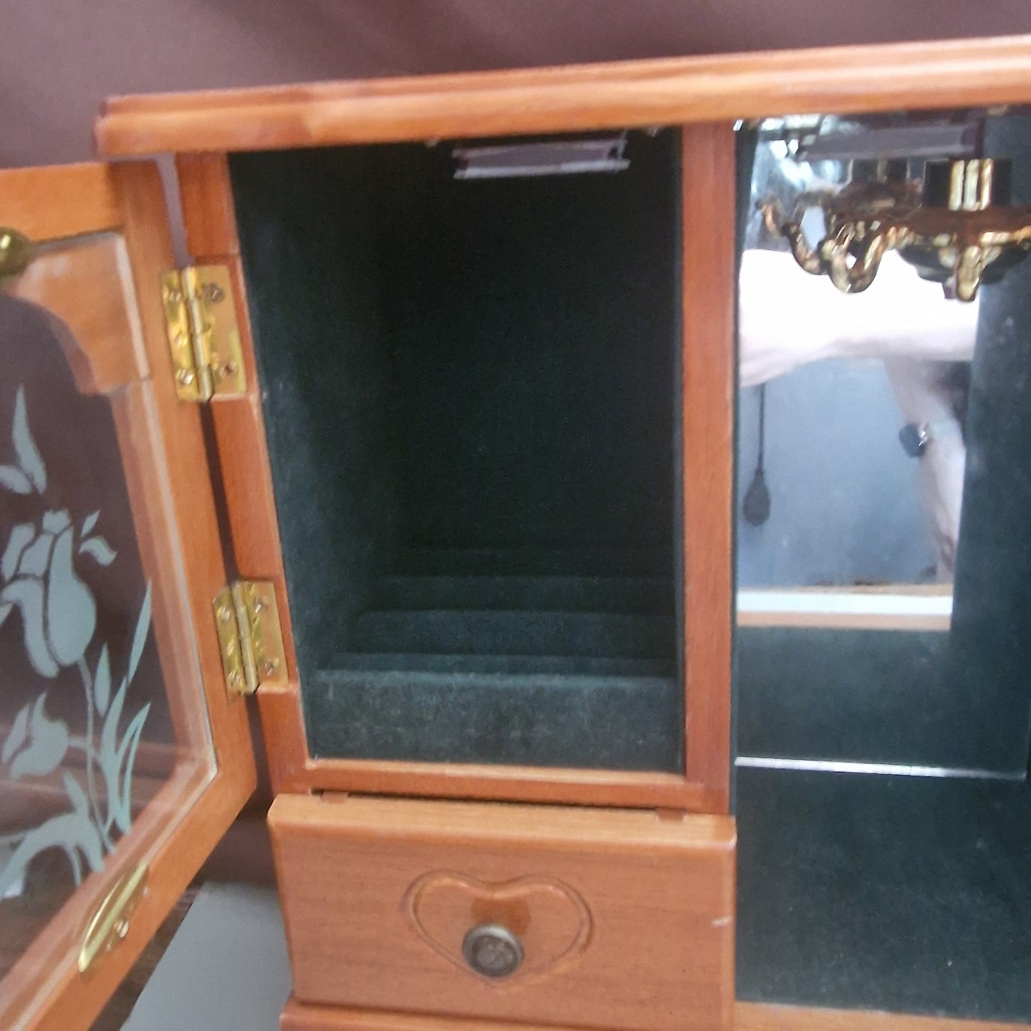 Vintage Wooden Jewellery Cabinet Floral Etched Glass Armoire Drawers Mirror Box – photo 7