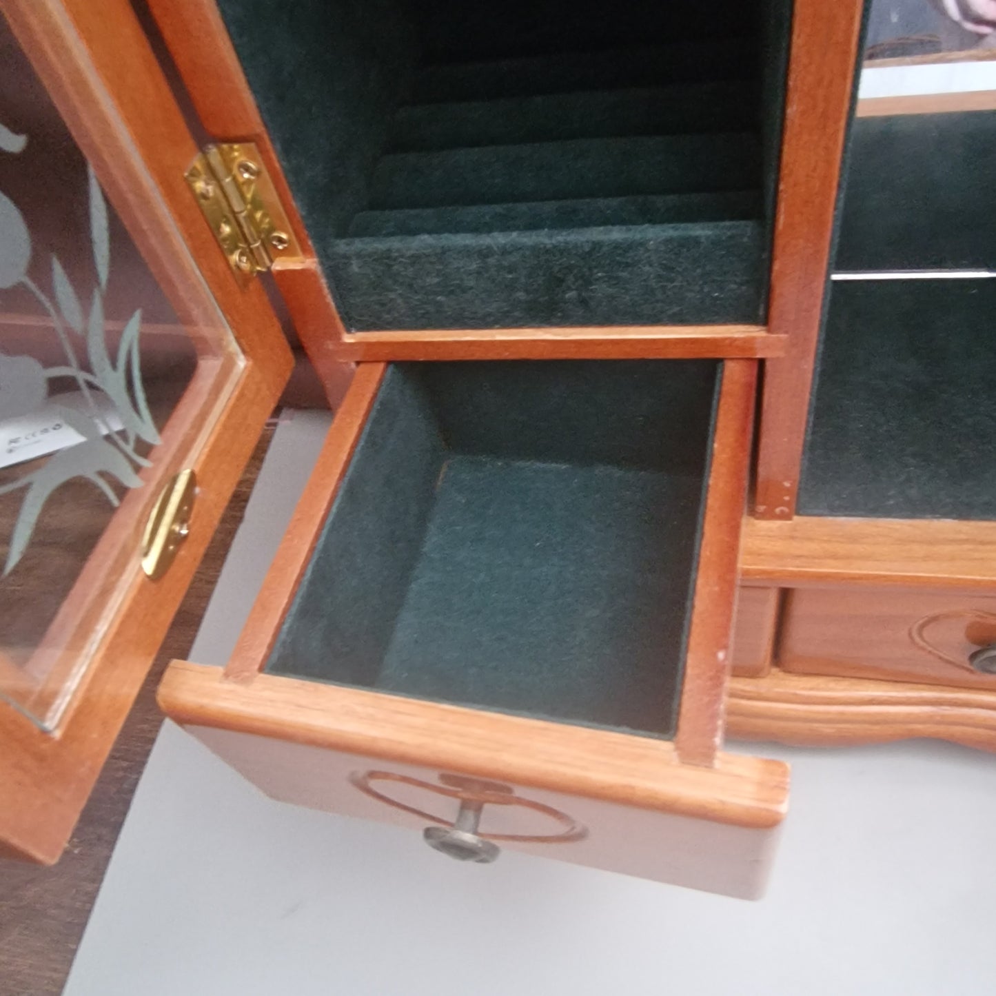 Vintage Wooden Jewellery Cabinet Floral Etched Glass Armoire Drawers Mirror Box – photo 8