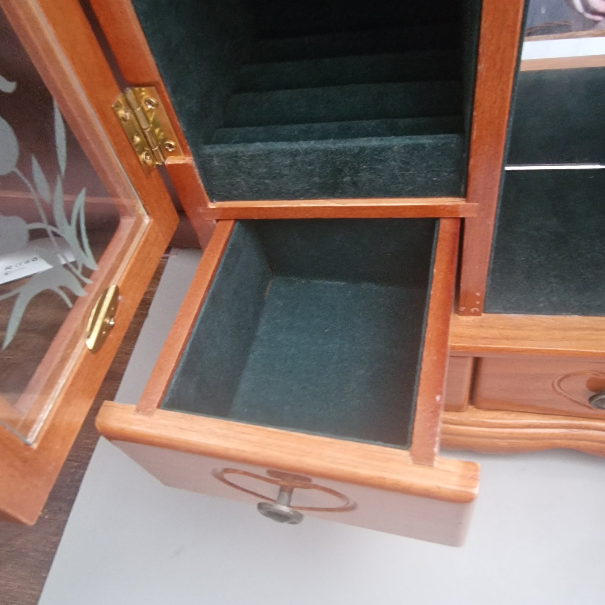 Vintage Wooden Jewellery Cabinet Floral Etched Glass Armoire Drawers Mirror Box – photo 8