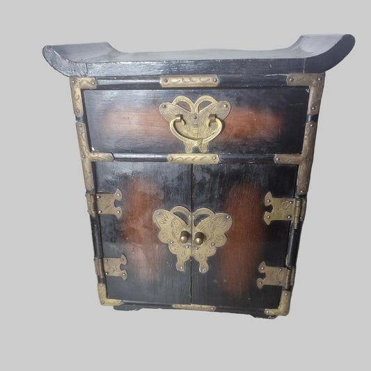 Vintage Chinese Wooden Jewellery Cabinet Brass Fittings Dark Lacquer Double Door