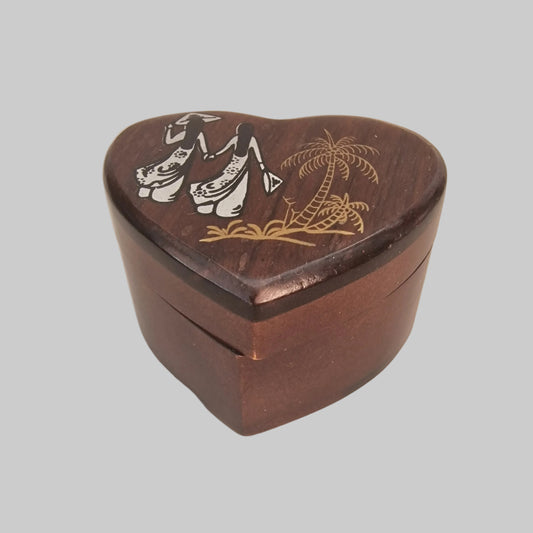 Vintage 1970s Dark Wood Heart Jewellery Box Red Velvet Figural Painted Tropical