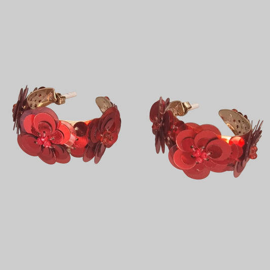Vintage 1990s Red Gold-Tone Floral Sequin Hoop Earrings Costume Party Statement