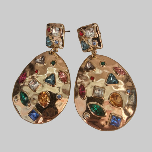 Vintage 1980s Gold-Tone Hammered Drop Earrings Mixed Multicolour Rhinestone Disc