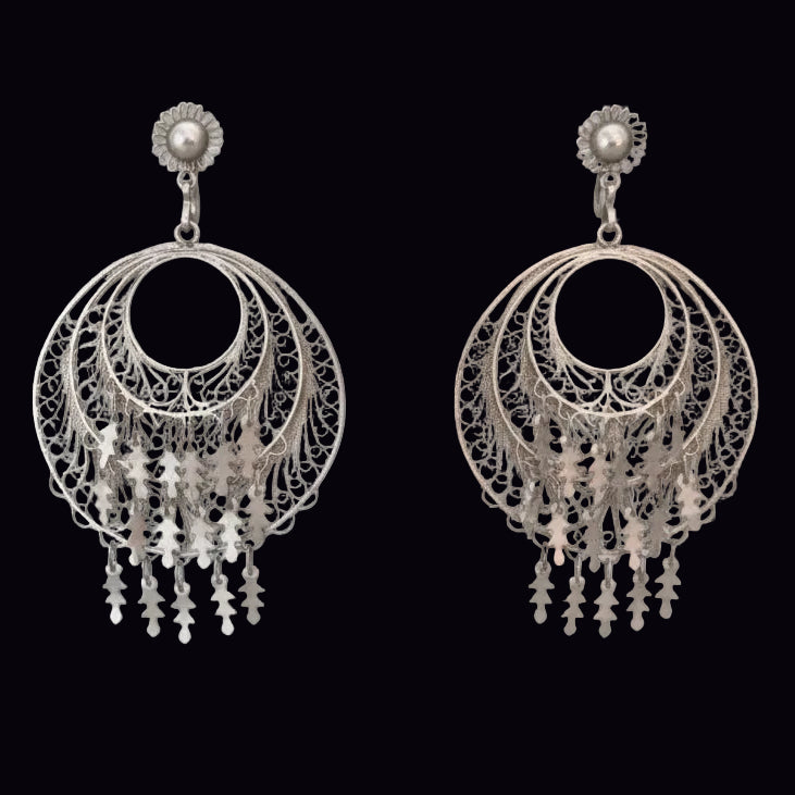 Vintage Silver-Tone Filigree Drop Earrings Screw Back Floral Foliage Statement
