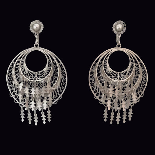 Vintage Silver-Tone Filigree Drop Earrings Screw Back Floral Foliage Statement