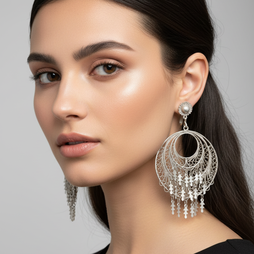 Vintage Silver-Tone Filigree Drop Earrings Screw Back Floral Foliage Statement