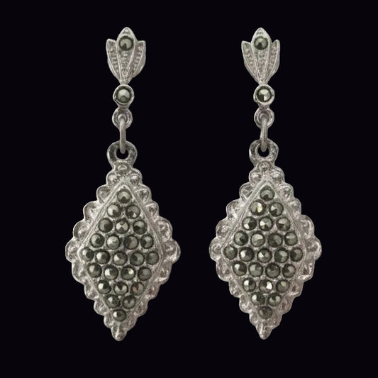 Vintage 1970s Silver-Tone Marcasite Drop Clip-On Earrings Art Deco Geometric UK
