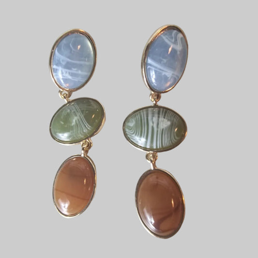 Vintage 1980s Gold-Tone Triple Drop Dangle Earrings Multi-Color Glass Cabochon