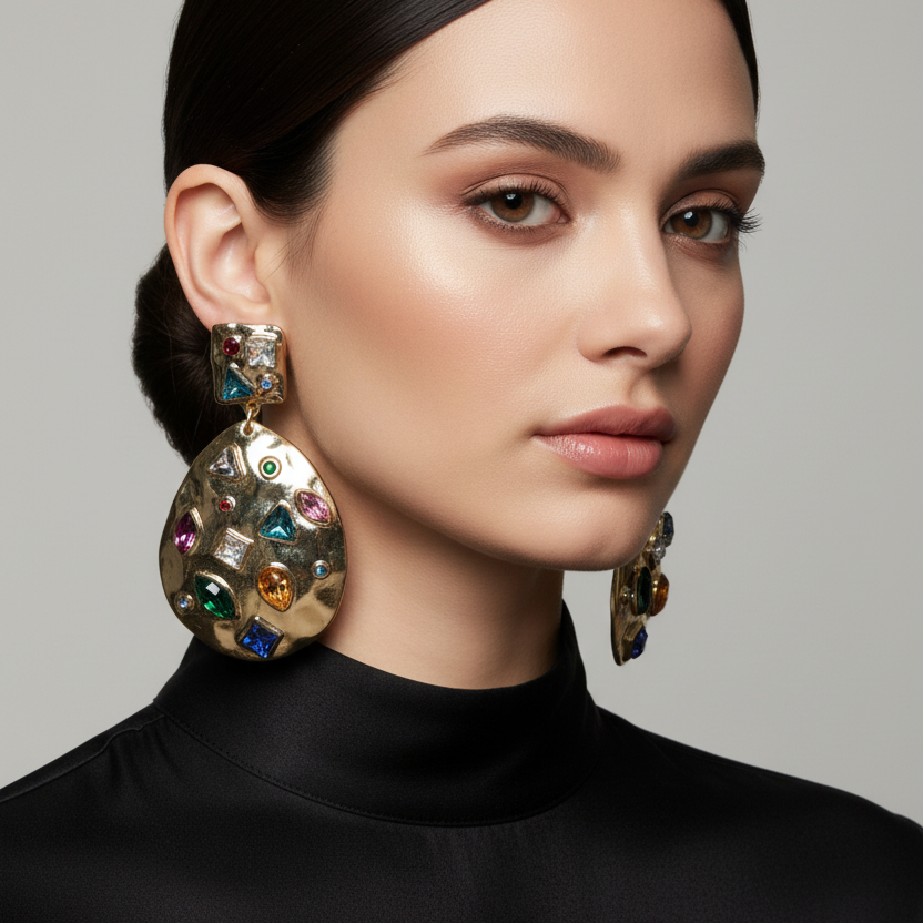 Vintage 1980s Gold-Tone Hammered Drop Earrings Mixed Multicolour Rhinestone Disc