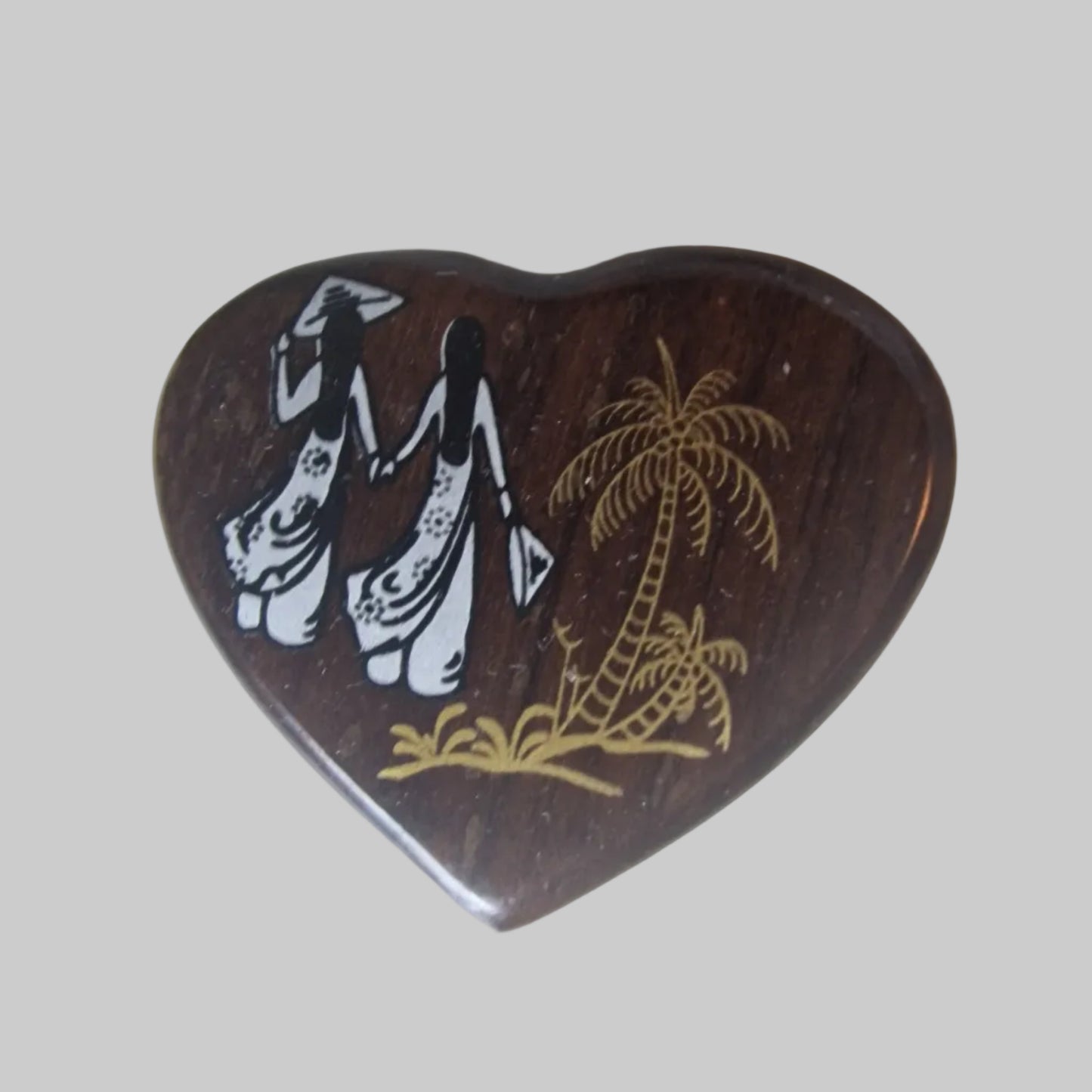 Vintage 1970s Dark Wood Heart Jewellery Box Red Velvet Figural Painted Tropical