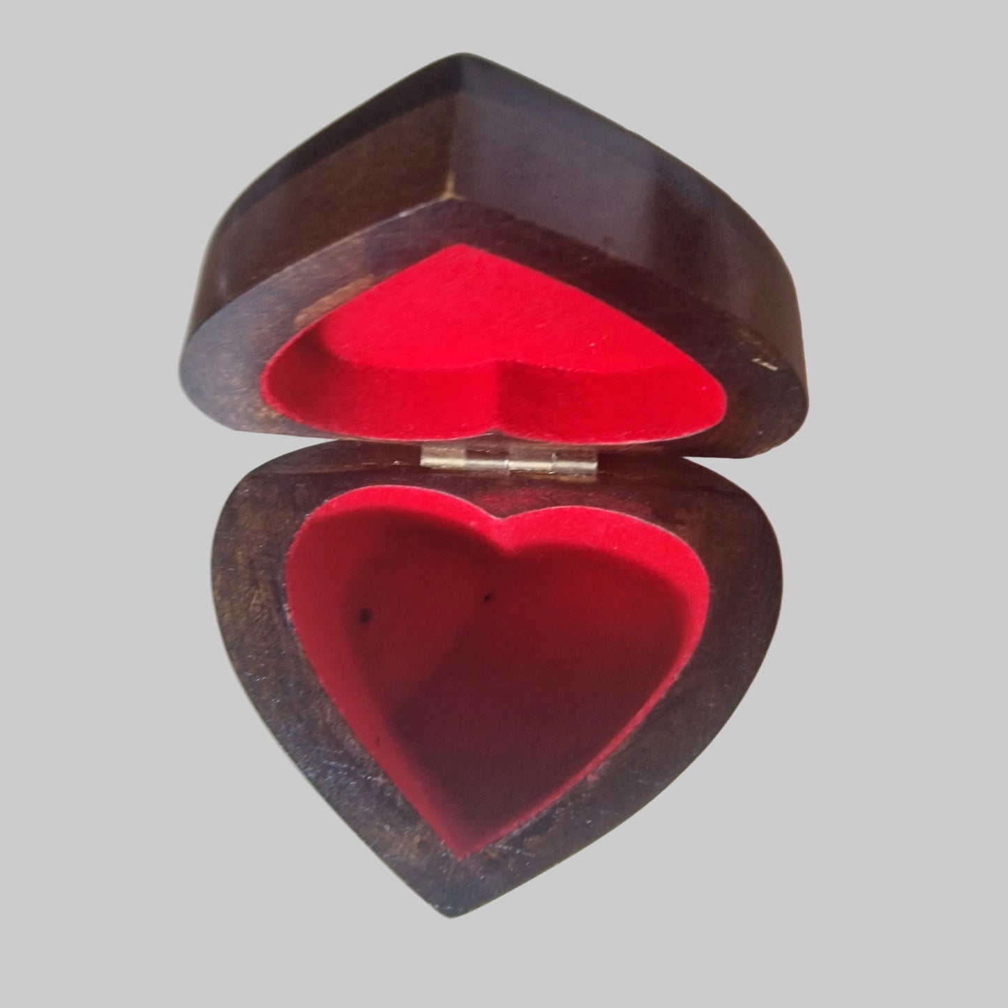 Vintage 1970s Dark Wood Heart Jewellery Box Red Velvet Figural Painted Tropical
