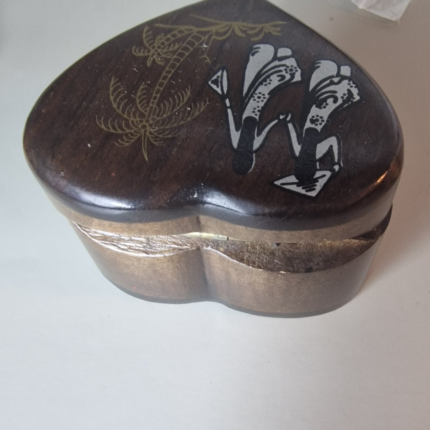 Vintage 1970s Dark Wood Heart Jewellery Box Red Velvet Figural Painted Tropical