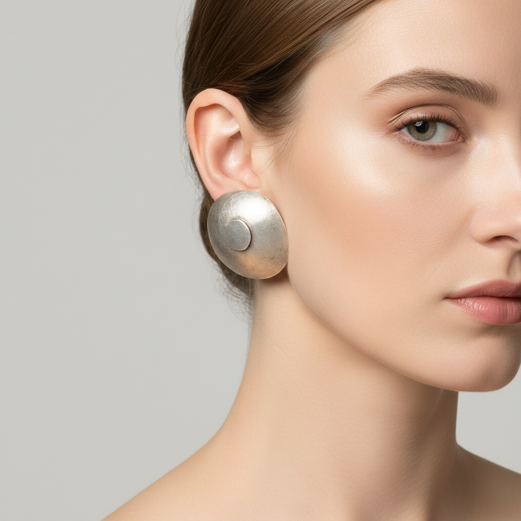 Vintage 1980s Silver-Tone Large Round Disc Clip-On Earrings Geometric Textured